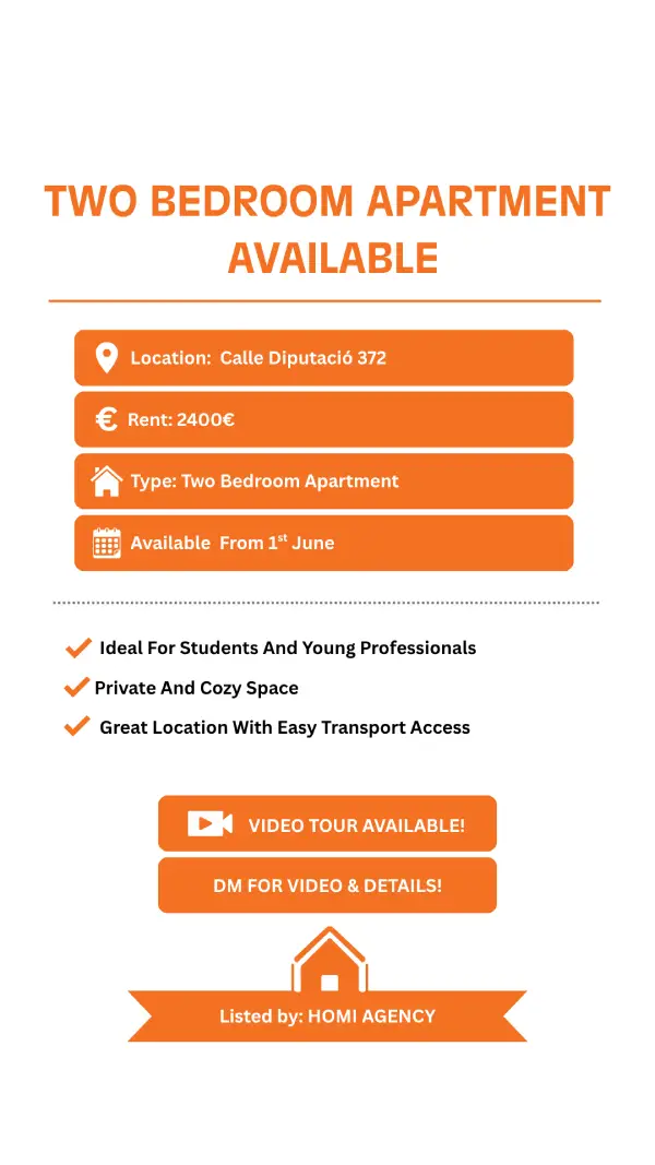Bright student apartment in Calle Diputació 372 Barcelona with double bed rooms and furnished interiors