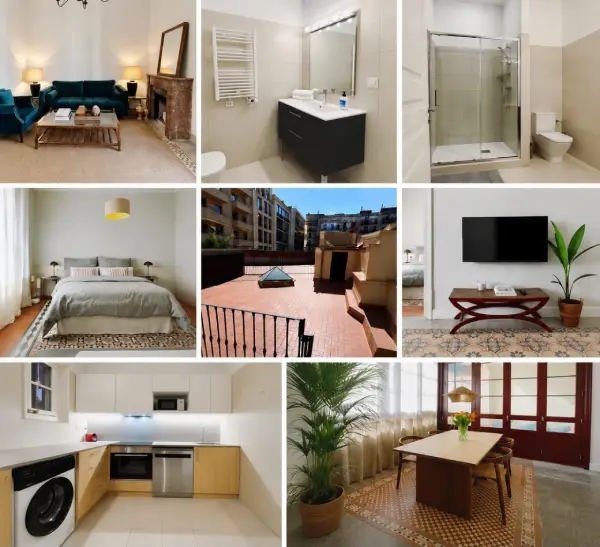 Modern student apartment in Calle d'Aribau Eixample Barcelona with terrace, two bedrooms, and furnished interiors