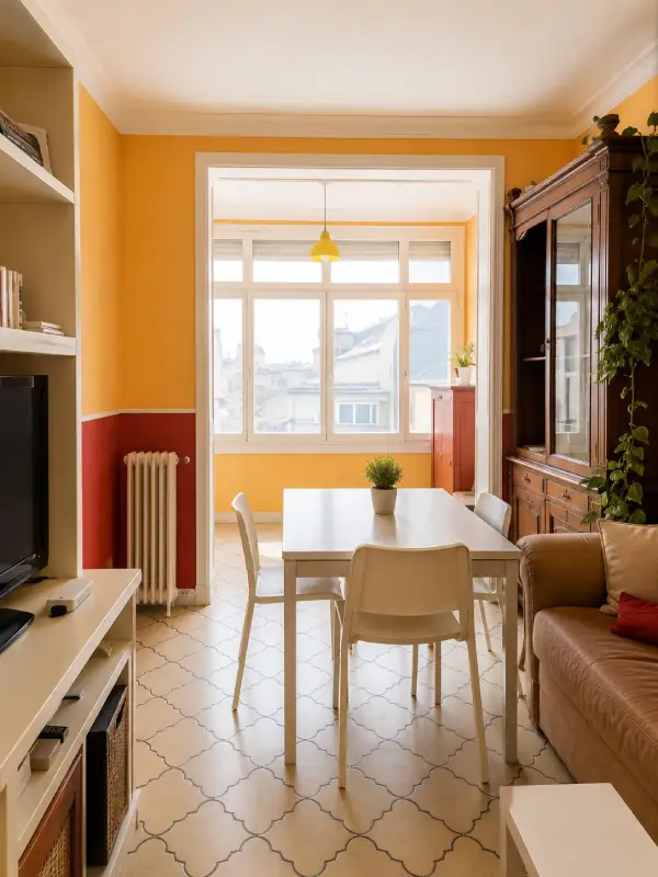 Spacious student room in Plaça Urquinaona Barcelona with double bed, study desk, and shared terrace